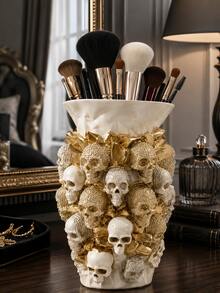 1pc Luxury Baroque Makeup Tool Storage Box, Gold Skull Sculpture Makeup Brush Holder, Suitable For Vanity, Makeup Table, Bedroom And Salon, Can Hold Powder Brush, Eye Brush, Mascara And Eyebrow Tools, Elegant Gothic Style Decor - Multicolor - View 8