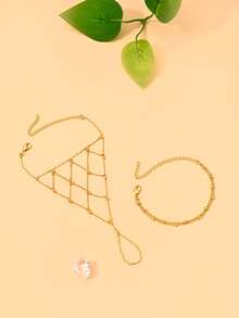 2pcs Gold Bead Mesh Finger Chain Bracelet Set, Exquisite Small Gold Bead Mesh Finger Jewelry, Multi-Layer Stackable Elegant Thin Bracelet Hand Accessory Set For Women - Mesh - View 9