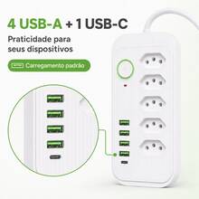 Régua de Tomadas com 5 Entradas 4 USB + 1 USB-C Cabo 1,9m Bivolt com Interruptor Branca - Entrada do Brasil (220V) - Visão 8
