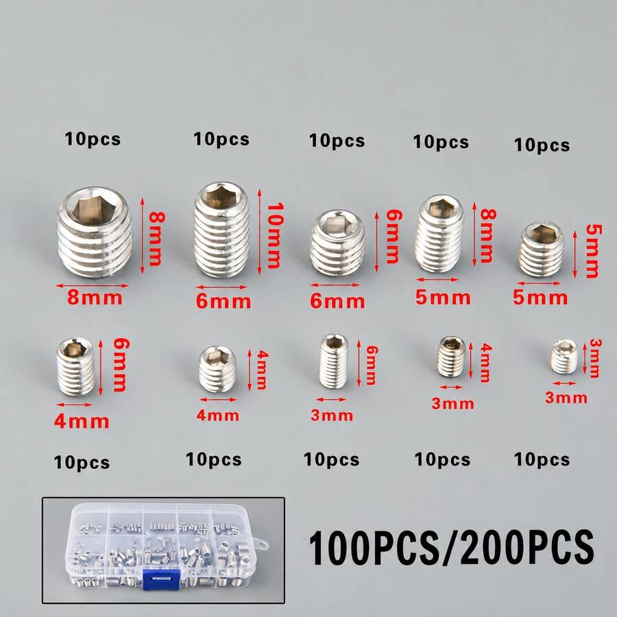 [100/200pcs 304 Stainless Steel Screw Set]Stainless Steel Screw Set - M3-M8 Sizes, Silver Hex Head Allen Flat Head Anchor Bolts, Fixing Screws, Sturdy Storage Box - A - View 1