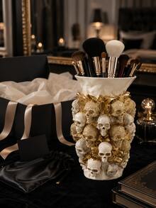 1pc Luxury Baroque Makeup Tool Storage Box, Gold Skull Sculpture Makeup Brush Holder, Suitable For Vanity, Makeup Table, Bedroom And Salon, Can Hold Powder Brush, Eye Brush, Mascara And Eyebrow Tools, Elegant Gothic Style Decor - Multicolor - View 7