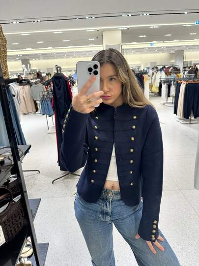 GMFP Navy Blue Round Collar Vintage Double-Breasted Military Button Short Knit Cardigan Jacket For Women, Suitable For Dates, Independence Day, World Cup