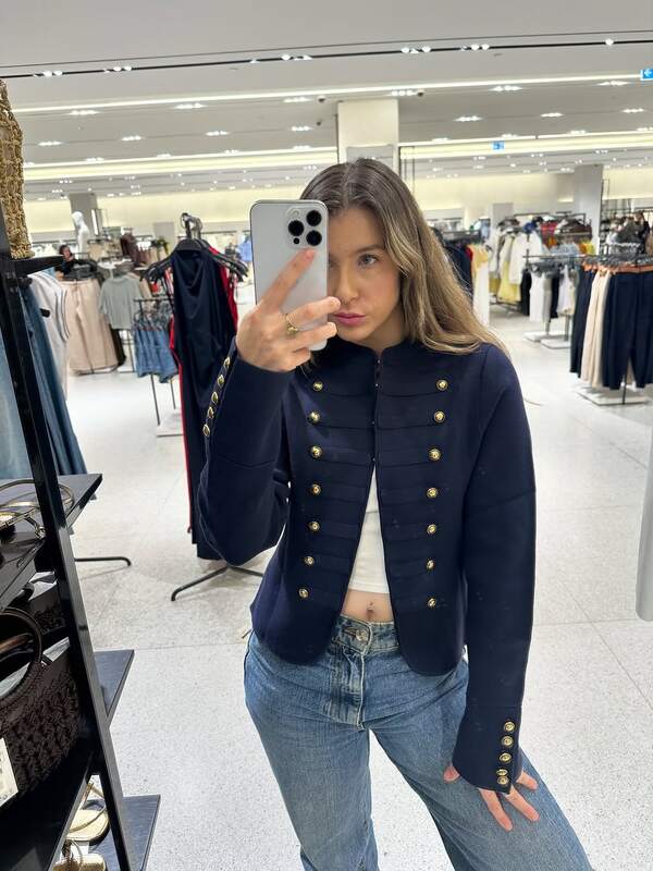 GMFP Navy Blue Round Collar Vintage Double-Breasted Military Button Short Knit Cardigan Jacket For Women, Suitable For Dates, Independence Day, World Cup