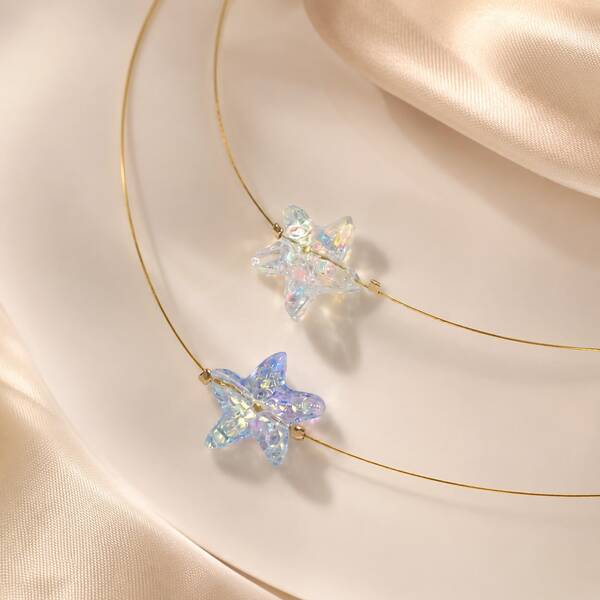 2pcs Iridescent Starfish Pendant Choker Necklace Set, Gold Tone Wire Collar Necklace, Y2K Ocean Beach Vacation Jewelry For Women
