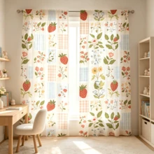 2pcs Plaid Strawberry Floral Print Sheer Curtains, Fresh Country Style, Filters Light And Dust, Semi-Transparent Rod Pocket Voile Curtains, Suitable For Living Room, Bedroom, Holiday And Birthday Gift - Multicolor - View 9