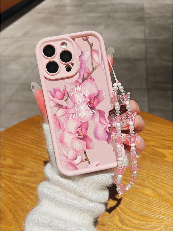 1PC Pink High Bamboo Matte Lily Flower & Slogan Soft Protective Case With Butterfly Lanyard For IPhone 17PROMAX/17PRO/17/16PROMAX/16PRO/16/15ProMax/15PRO/15PLUS/15/14PROMAX/14PRO/4/13PROMAX/13PRO/13/12PRO/12/11/11PROMAX/XS XR X 7 8, Full Coverage, Suitable As Birthday Gift For Girlfriend, Boyfriend Or Yourself