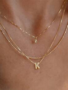 3pcs/Set Mini Vintage Cute 3D Bubble Cube Cubic Zirconia Gold Initial Pendant Necklace, Shiny A-Z Letter Chain, Personalized Y2K Women's Jewelry Gift - Yellow Gold - View 3