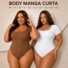 Body Manga Curta Feminino Decote Quadrado Básico Bodie Suplex Social - 1 MARROM E 1 BRANCO - Visão 13