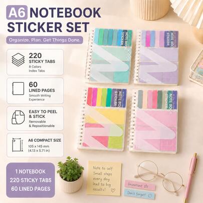 A6 Notebook Sticker Set, 220 Adhesive Labels And 60 Lined Pages, 8-Color Index Tabs, Removable Self-Adhesive Memo Pads, Suitable For Study Planning, Office Organization And Journaling, Back To School