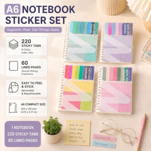 A6 Notebook Sticker Set, 220 Adhesive Labels And 60 Lined Pages, 8-Color Index Tabs, Removable Self-Adhesive Memo Pads, Suitable For Study Planning, Office Organization And Journaling, Back To School