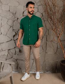 Premium Men's Short Sleeve Shirt Lightweight Easy-Iron Summer  Linen-Look PROMOTION - 綠旗 - 查看 4