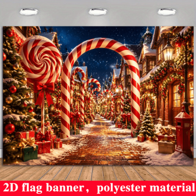 2D Flat Christmas Theme Party Banner Background, Christmas Candy Street Scene Theme, Including Red And White Striped Candy Canes, Giant Lollipops, Christmas Trees, Gift Boxes And Other Elements, Made Of Polyester Material, No Power Required For Convenient Use, Suitable For Indoor/Outdoor Christmas Related Activities, Can Be Used As Wall Decoration, Photo Backdrop, Suitable For Family Gatherings, Office Events, Outdoor Parties, Studio Decor, Holiday Gift Giving, Lightweight Material Easy To Hang, Full Of Rich Christmas Atmosphere