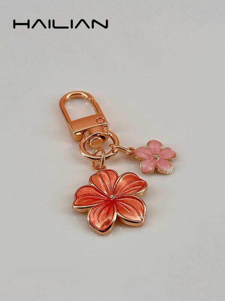 HAILIAN 1pc Alloy Material Cherry Blossom Shaped Keychain, Lightweight And Elegant Cherry Blossom With Square Tag, Suitable For Bag Pendant, Car Keychain, Couple Birthday Holiday Gift - Pink - View 2
