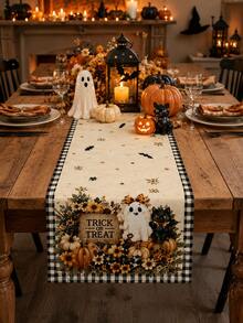 1pc-Trick Or Treat Halloween Linen Table Runner, Cute Ghost Black Cat Pumpkin Floral Bat Printed Table Decor With Buffalo Plaid Border, Farmhouse Fall Runner For Kitchen Dining Party - Multicolor - View 3