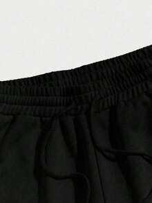 Plus Size 2-Piece Set T-Shirt And Straight Leg Pants Outfit "Hook U" Small Logo Print Men's Casual Short Sleeve Knit T-Shirt And Sweatpants Set, Spring/Autumn Men's Wear, Machine Washable - Black - View 4