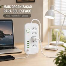 Régua de Tomadas com 5 Entradas 4 USB + 1 USB-C Cabo 1,9m Bivolt com Interruptor Branca - Entrada do Brasil (220V) - Visão 6