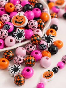 65pcs/35pcs Mixed Halloween Wooden Beads Set, Pumpkin Spider Skull Pattern Wooden Beads, Suitable For DIY Wreaths, Bracelets, Keychains And Other Handicrafts, Or Used For Halloween Party Decoration - Multicolor - View 5
