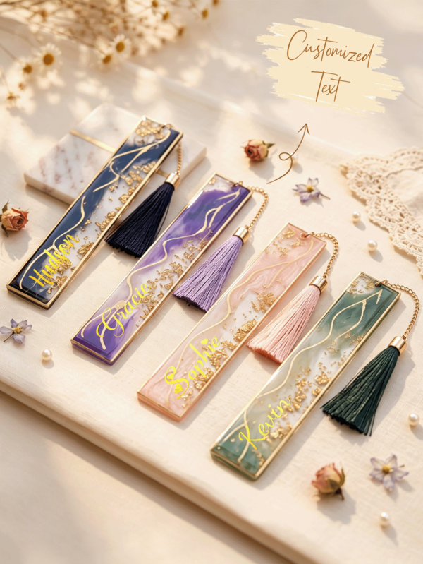 Custom Printed Gilded Gold Foil Epoxy Bookmark With Silk Tassel, Customizable Text As Reading Companion, Resin Marker For Teachers Students Classmates, Sweet Gift For Teacher's Day And Back-To-School Season