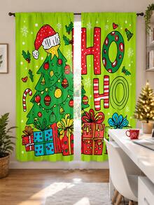 2 Panels Merry Christmas Semi Sheer Curtains, Polyester Cartoon Christmas Tree HO HO HO Gift Box Snowflake Printed Privacy Light Filtering Rod Pocket Window Drapes, Xmas Holiday Decor Curtains For Bedroom Living Room - Multicolor 1 - View 11