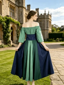 Women's Medieval Renaissance Costume, Cold Shoulder Bell Sleeve Top, Lace-Up Waist Belt And Color-Block Long Skirt, Vintage Elf Style Cosplay Party Outfit - Green - View 6