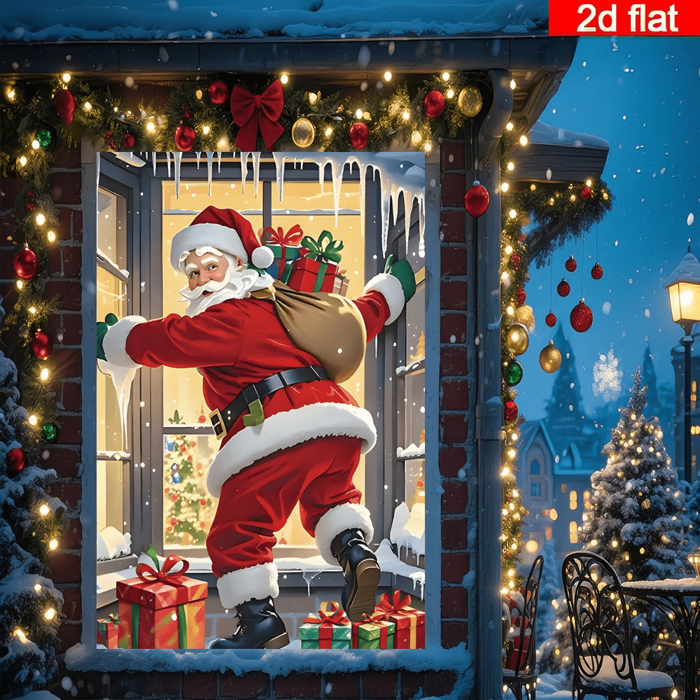 Latar Belakang Jendela 2D Datar Santa Claus Memanjat, Santa Claus dengan Tas Hadiah Memanjat Jendela, Dihiasi dengan Es Batu, Kotak Hadiah, dan Pohon Natal, Latar Belakang Bersalju yang Meningkatkan Suasana Natal yang Meriah, Cocok untuk Pesta Natal, Pertemuan Liburan, Dekorasi Dinding, Latar Belakang Fotografi, Bahan Poliester Tahan Lama dan Tidak Berbau, Kompatibel dengan Berbagai Adegan Dalam dan Luar Ruangan, Mudah Menciptakan Adegan Natal yang Menyenangkan, Tidak Membutuhkan Daya untuk Menciptakan Suasana Liburan yang Meriah, Menambah Nuansa Meriah dan Ceria pada Acara Bertema Natal, Dekorasi Ideal untuk Natal