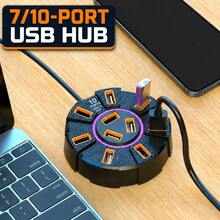 7-Port/10-Port USB 2.0 Hub Multi-Port USB Splitter Computer Docking Station With Built-In Ambient Light, Suitable For Keyboard, Mouse, USB Flash Drive, External Hard Drive, Printer And Other Peripherals, Plug And Play - View 1