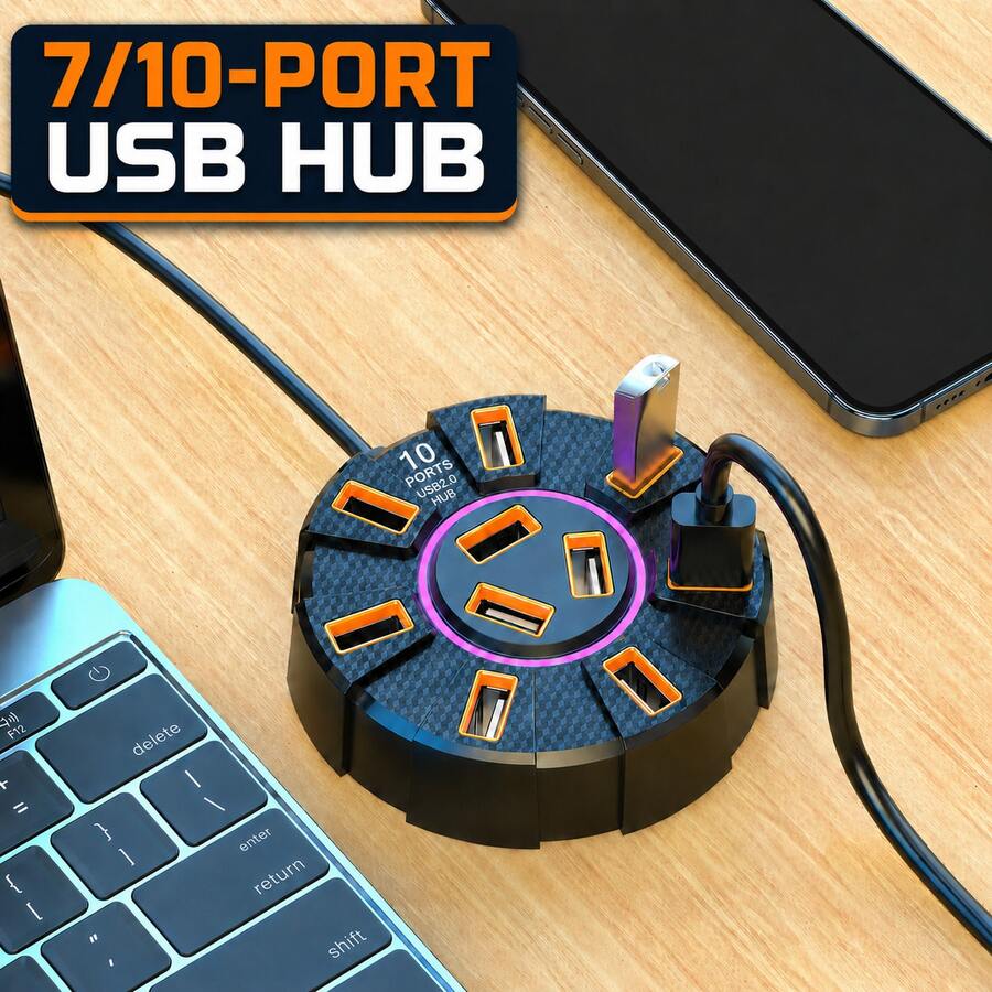 7-Port/10-Port USB 2.0 Hub Multi-Port USB Splitter Computer Docking Station With Built-In Ambient Light, Suitable For Keyboard, Mouse, USB Flash Drive, External Hard Drive, Printer And Other Peripherals, Plug And Play - View 1
