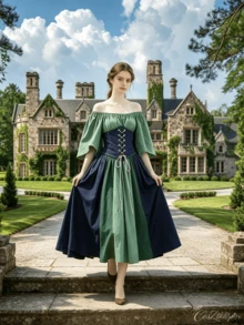 Women's Medieval Renaissance Costume, Cold Shoulder Bell Sleeve Top, Lace-Up Waist Belt And Color-Block Long Skirt, Vintage Elf Style Cosplay Party Outfit - Green - View 2
