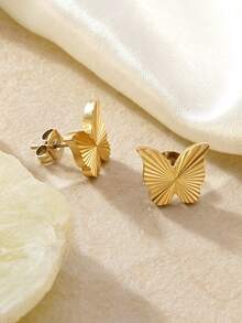 VceTd 2/4PCS Classic Textured Design Heart/Butterfly Shaped Stainless Steel Stud Earrings For Women, Suitable For Daily Wear, Holiday Occasions Or Gifts - Yellow Gold - View 6