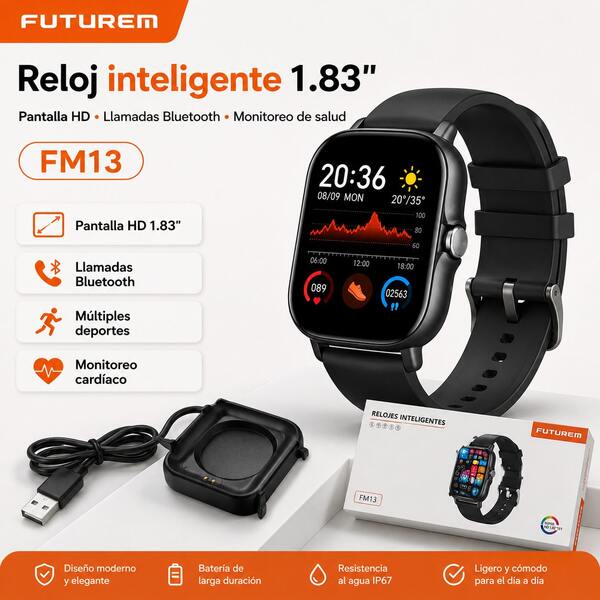 Reloj Inteligente FUTUREM FM13, Pantalla HD de 1.83 pulgadas, Llamadas Bluetooth, Monitoreo Cardíaco y Modos Deportivos, Resistencia al Agua IP67, Batería de Larga Duración para Uso Diario y Entrenamiento