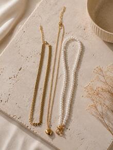 Hegaze 1 Set French Style 3-Layer Stacked Necklace For Women, Gold Snake Chain With Pearl, OT Clasp Chain, Heart Pendant, Multi-Layer Collarbone Chain, Gentle Commute Versatile Neck Accessory - Yellow Gold - View 6