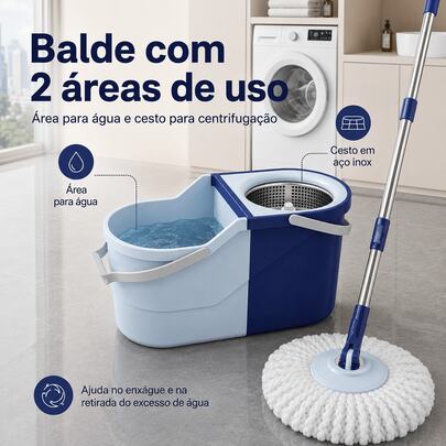 Kit Mop Giratório 360° com Balde, Cesto Inox, 3 Refis e Cabo Ajustável para Limpeza de Cozinha, Banheiro, Sala e Pisos