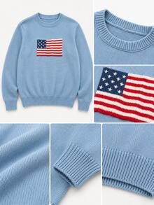 Sweater Wanita Terbaru untuk Hari Kemerdekaan, Leher Bulat, Warna Biru, Motif Bendera Amerika, Kerah Bergaris, Atasan Rajut Kasual Serbaguna untuk Pemakaian Sehari-hari - Biru - View 11
