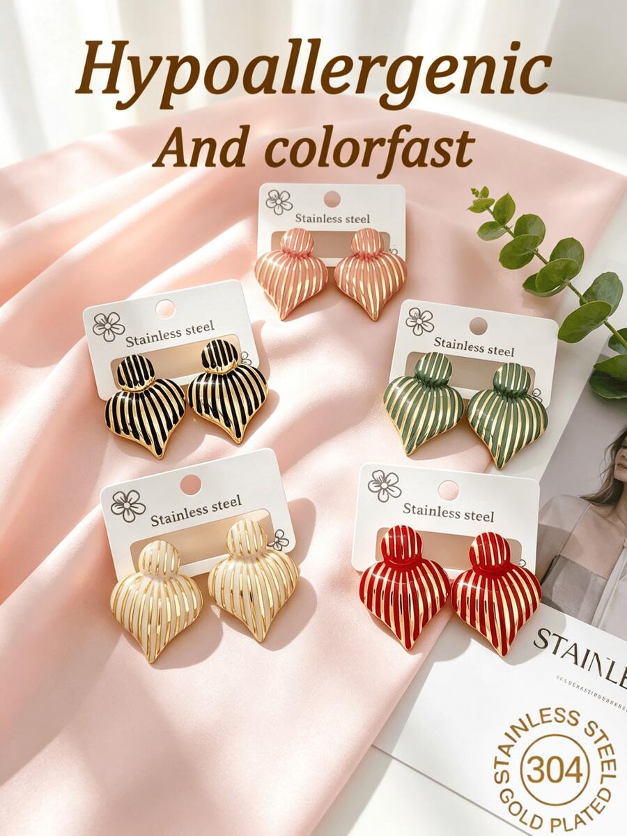 1/5 Pairs Set 304 Stainless Steel Vertical Striped Oil Drop Shell Elegant Stud Earrings, Hypoallergenic Non-Fading Vintage Heavy-Duty Women's Eye-Catching Accessories, Daily Commute Date Gift Earrings - Multicolor - View 1