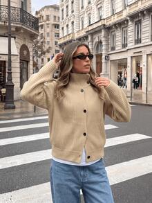 GDDYIN Women's Autumn New Solid Color Front Buckle High Collar Temperament Home College Knitted Cardigan Fall - Olive Green - View 3