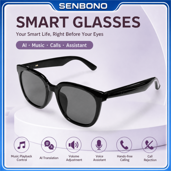 SENBONO New AI Translation Smart Audio Glasses - Hall Sensor One-Button Start, Wireless Call, Music Playback, Hands-Free Phone Calls, Camera Control, Wake-Up Voice Fashion Smart Glasses For Men And Women