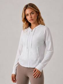 Never me Jaket lengan panjang wanita, untuk lari di luar ruangan, olahraga, kebugaran, mantel berkerudung dengan resleting, pakaian olahraga yoga yang pas di badan. - Putih - View 4