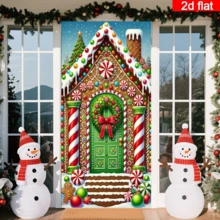 2D Flat Christmas Gingerbread House Door Curtain, Cartoon Style Candy Gingerbread House Design With Candy Canes, Colorful Balls And Gingerbread Men, Multi-Color Palette, Durable Polyester, No Power Required, Suitable For Christmas Theme Decoration, Can Be Used For Indoor/Outdoor Wall, Door And Window Decoration, Holiday Atmosphere Decoration, Home, Mall, Studio, Outdoor Scene Universal, Polyester Material, No Power Required - A - View 5