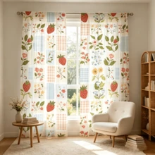 2pcs Plaid Strawberry Floral Print Sheer Curtains, Fresh Country Style, Filters Light And Dust, Semi-Transparent Rod Pocket Voile Curtains, Suitable For Living Room, Bedroom, Holiday And Birthday Gift - Multicolor - View 8