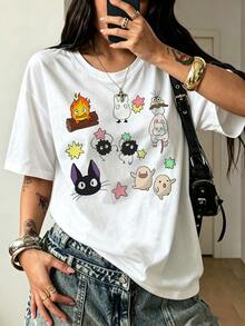 100% Cotton Studio Ghiblis Multi Characters Calcifer Jiji Soot  Cute Anime Loose Fit T-Shirt - White - View 1