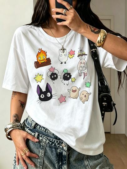 100% Cotton Studio Ghiblis Multi Characters Calcifer Jiji Soot  Cute Anime Loose Fit T-Shirt