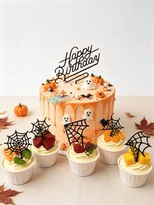 18pcs Black Acrylic Halloween Cake Topper Set, Spider Web Happy Birthday Cake Decoration, Gothic Horror Party Supplies - A - View 1