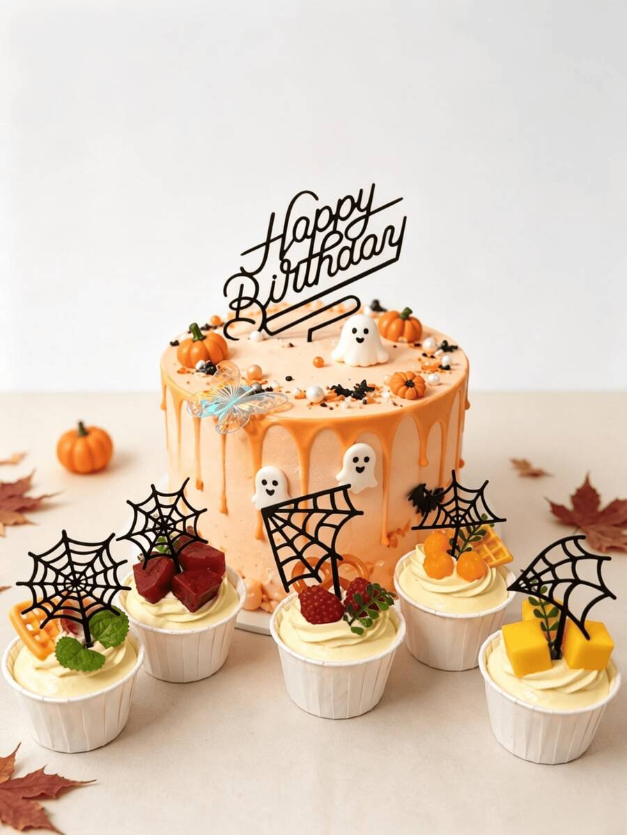 18pcs Black Acrylic Halloween Cake Topper Set, Spider Web Happy Birthday Cake Decoration, Gothic Horror Party Supplies - A - View 1