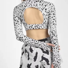 Adidas Sexy Women's Tight-Fitting Long Sleeve Crop Top With Thumb Holes, Exposed Waist And Back, Sports Fitness Wear HC6851 - Gray Background With Black Patterns - View 3