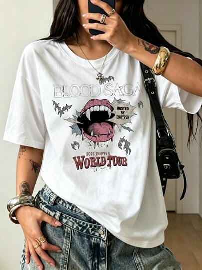 تي شيرت قطن 100% ENHYPENs Blood Saga World Tour Fangs Bat Vintage بضاعة معجبين رسمة جرافيك