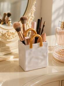 Handbag Shaped Makeup Brush Holder, Single White Resin Cosmetic Storage Box With Gold Handle, Vanity Brush, Lipstick, Eyeliner, Mascara And Makeup Tool Storage Cup, Elegant Vanity Decor - Multicolor - View 6
