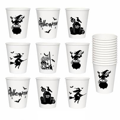 10 piezas/50 piezas/100 piezas Vasos de papel de 3.5" de alto y 2.95" de diámetro superior, patrón de bruja, calabaza, murciélago y lápida en blanco y negro, vasos para fiesta temática de Halloween, artículos para beber de truco o , decoración de cumpleaños, suministros para fiesta de vacaciones