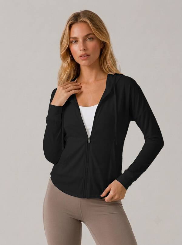 Never me Women's Long Sleeve Zip-Up Hooded Jacket For Outdoor Running, Fitness, And Yoga