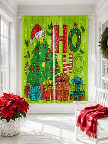 2 Panels Merry Christmas Semi Sheer Curtains, Polyester Cartoon Christmas Tree HO HO HO Gift Box Snowflake Printed Privacy Light Filtering Rod Pocket Window Drapes, Xmas Holiday Decor Curtains For Bedroom Living Room - Multicolor 1 - View 10