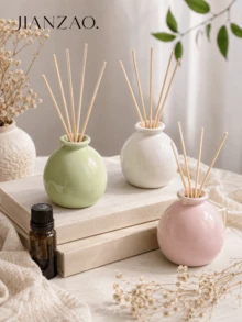 Wabi-Sabi Minimalist Round Resin Reed Diffuser Vase, Glossy Macaron Green Pink White Small Fragrance Container, Dual-Use Reed Diffuser Bottle & Mini Dried Flower Vase, Cream Style INS Decor, Suitable For Bedroom Bathroom Cafe B&B Gift - Small Ceramic Jar Aroma Diffuser Bottle - View 2